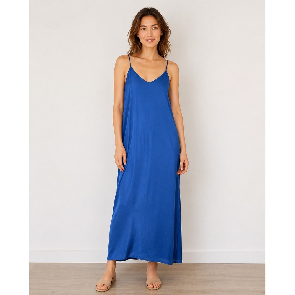 Aerie Maxi Slip Dress S Small Blue Spaghetti Strap Flowy V-Neck Viscose Casual
